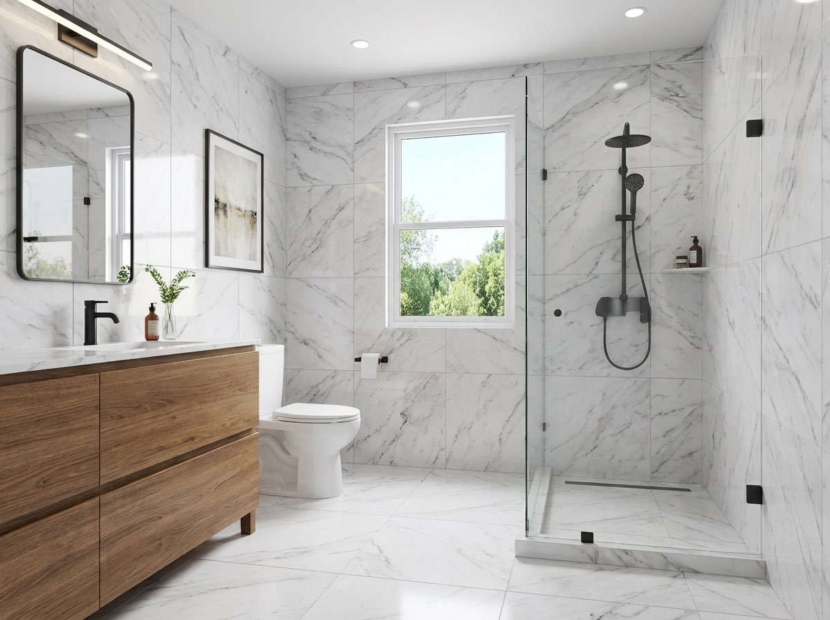 Bold patterned wallpaper bathroom wall redesign - AI design tool