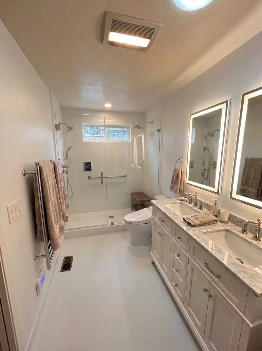 Bathroom wall renovation with glass mosaic tile in ocean tones