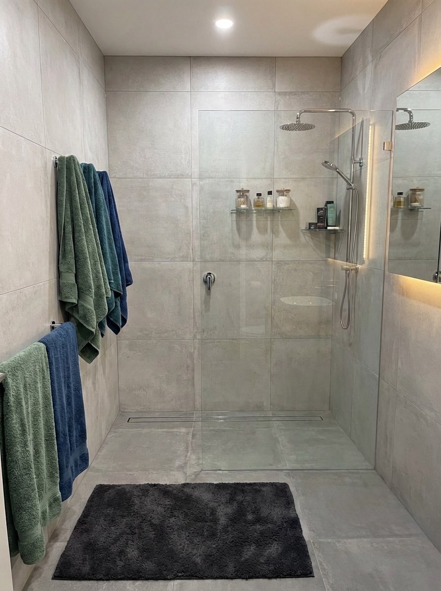 Shower curtain rod removed after glass enclosure installation - AI generated