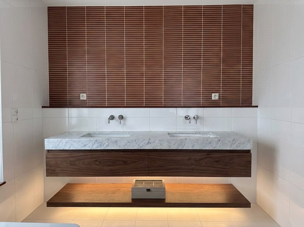 Cluttered countertop cleared for a minimalist bathroom surface - AI tool