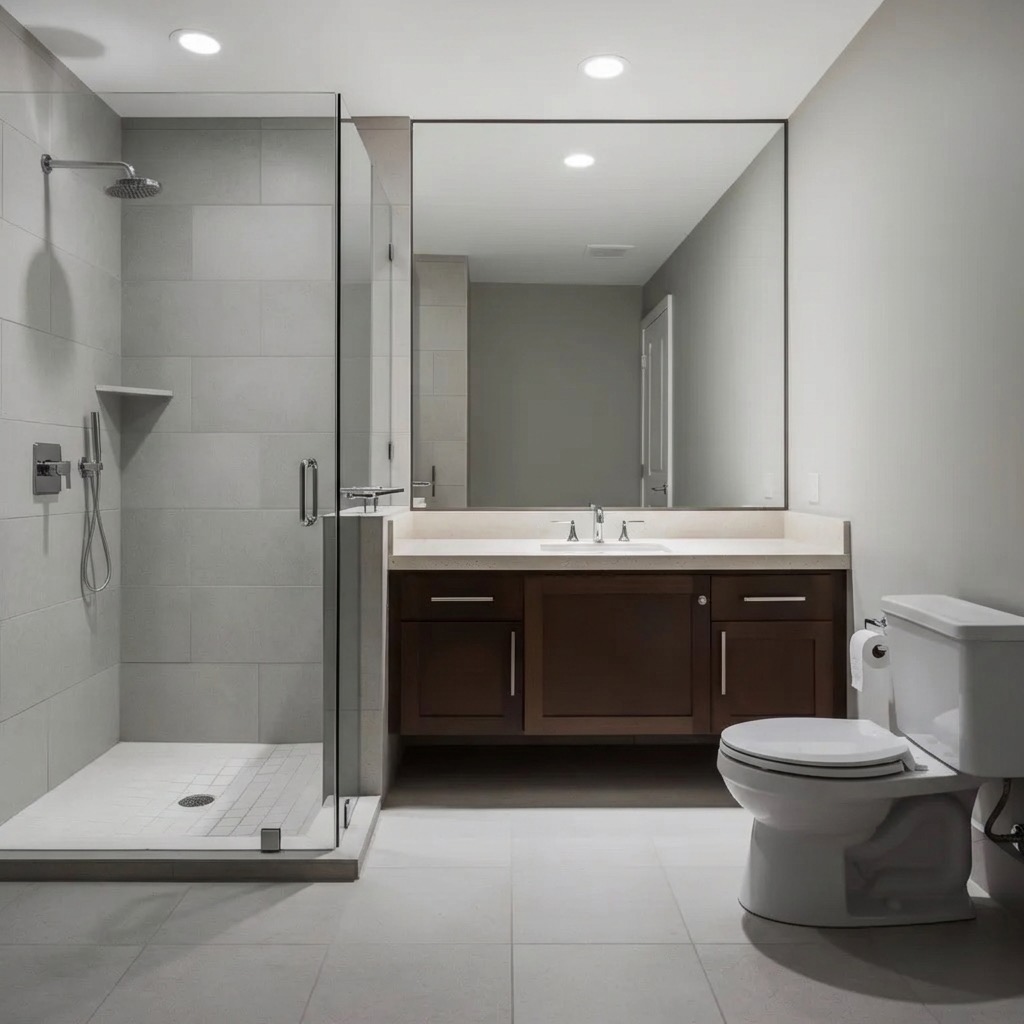 Bathroom with old wallpaper removed for a fresh modern look - AI generated