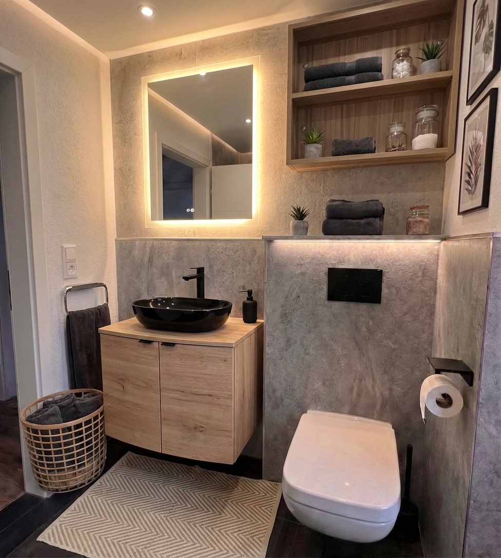 Contemporary luxury bathroom recreated from designer reference - AI generated