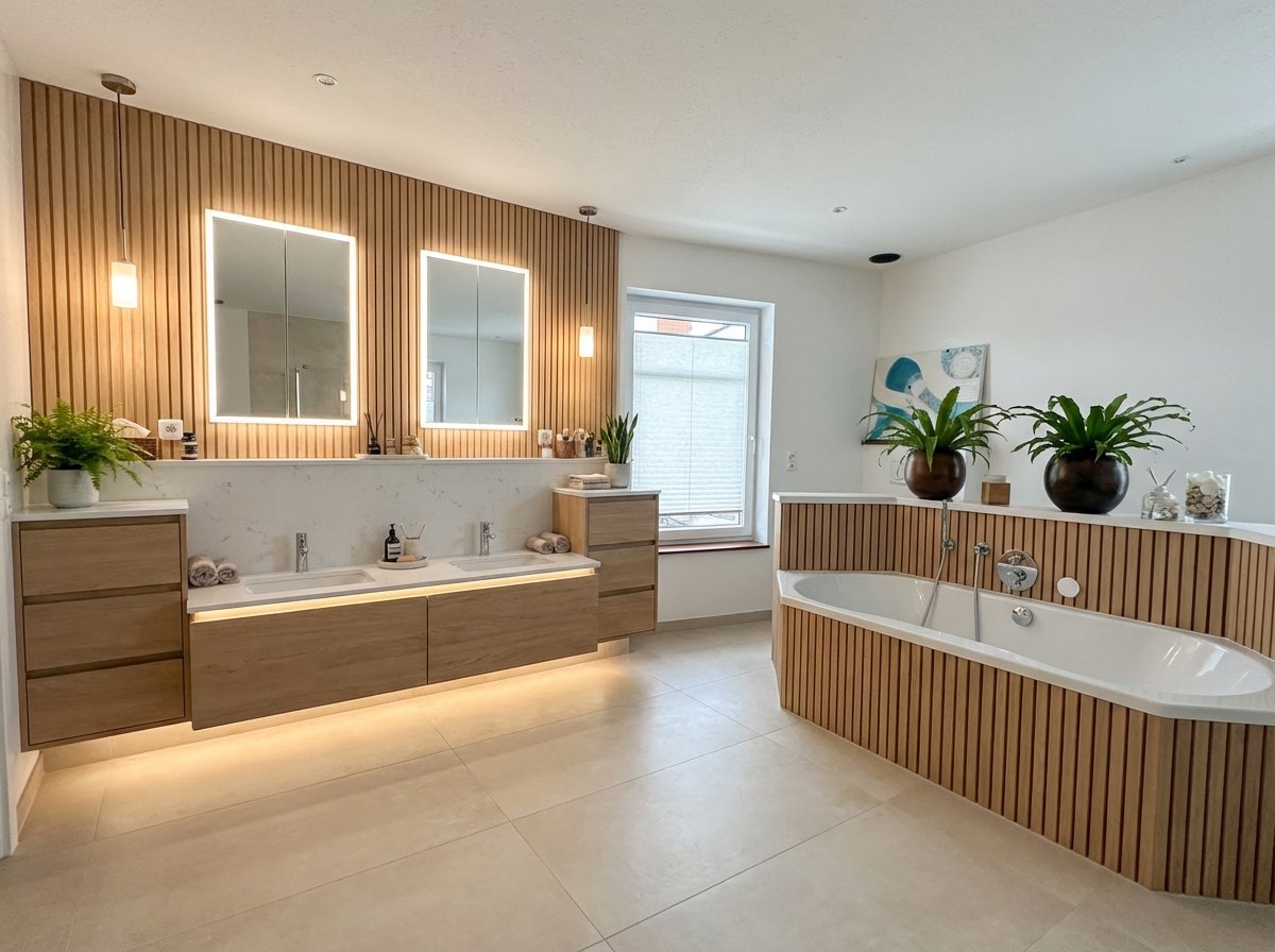 Japandi bathroom transformation from curated style reference - AI generated