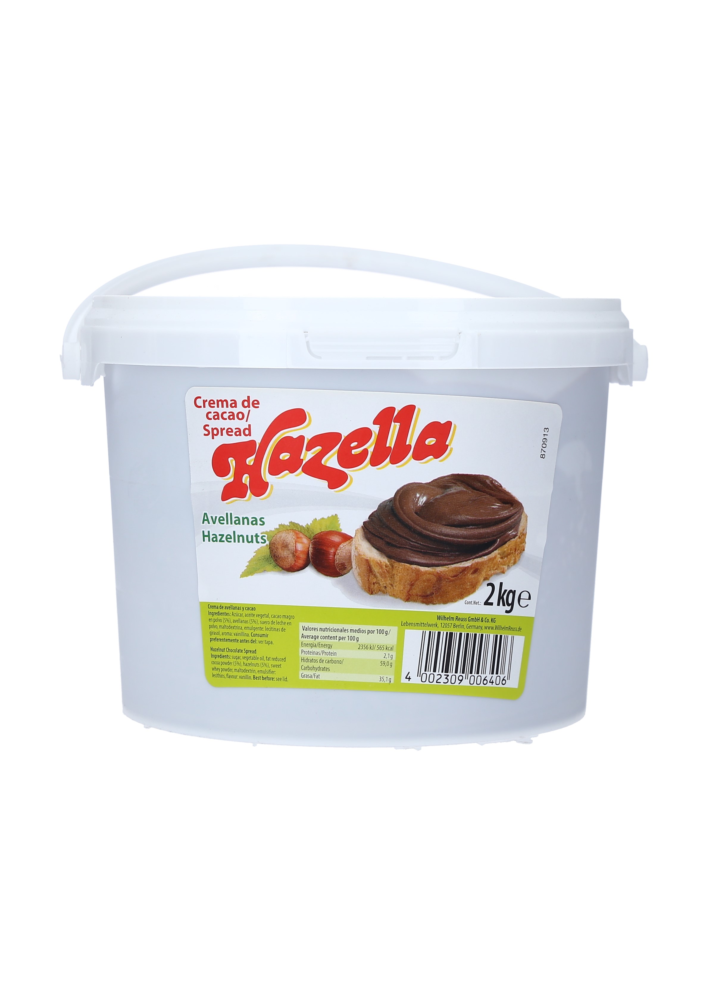 CREMA DE CACAO Y AVELLANA HAZELLA (2KG) CAJA 4/2 KG.