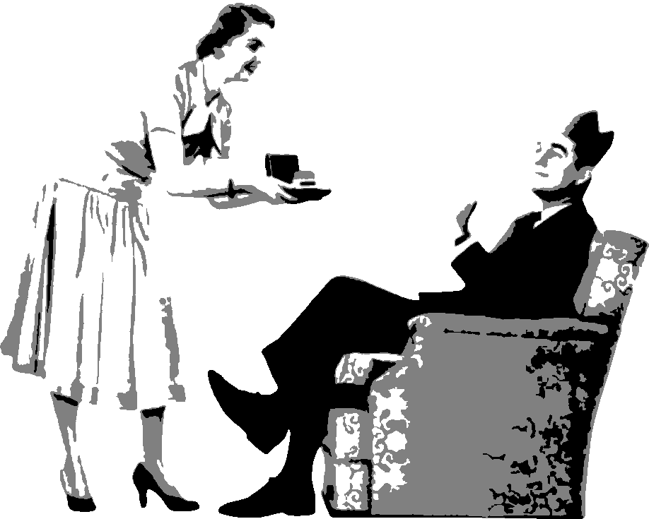 Woman Serving Man stencil, painted in 3 grays