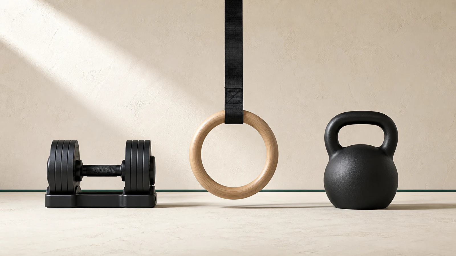 Adjustable dumbbell, gymnastics ring, and kettlebell representing push, pull, and legs workouts