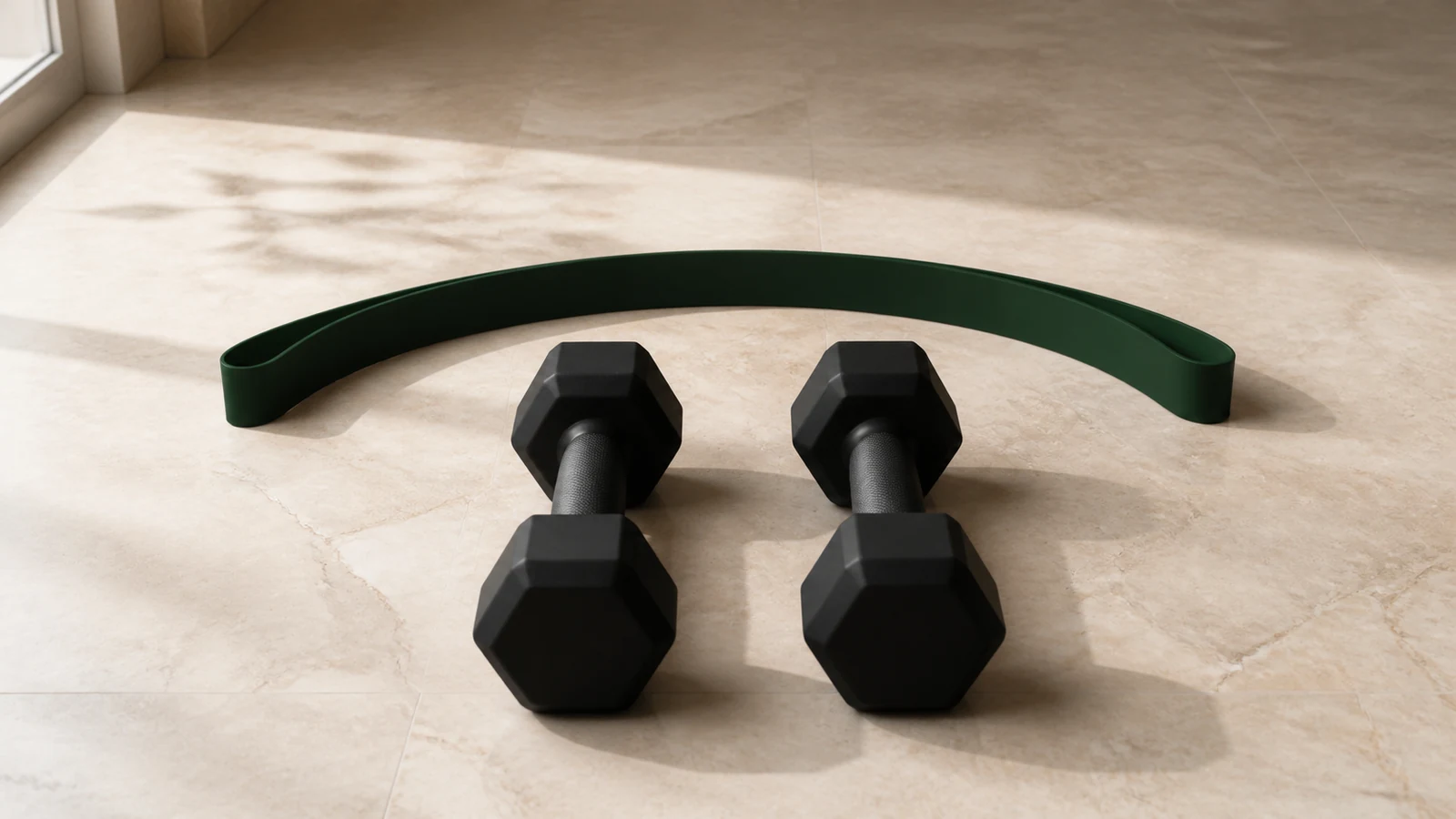 Pair of black dumbbells and a resistance band in a bright minimalist setting
