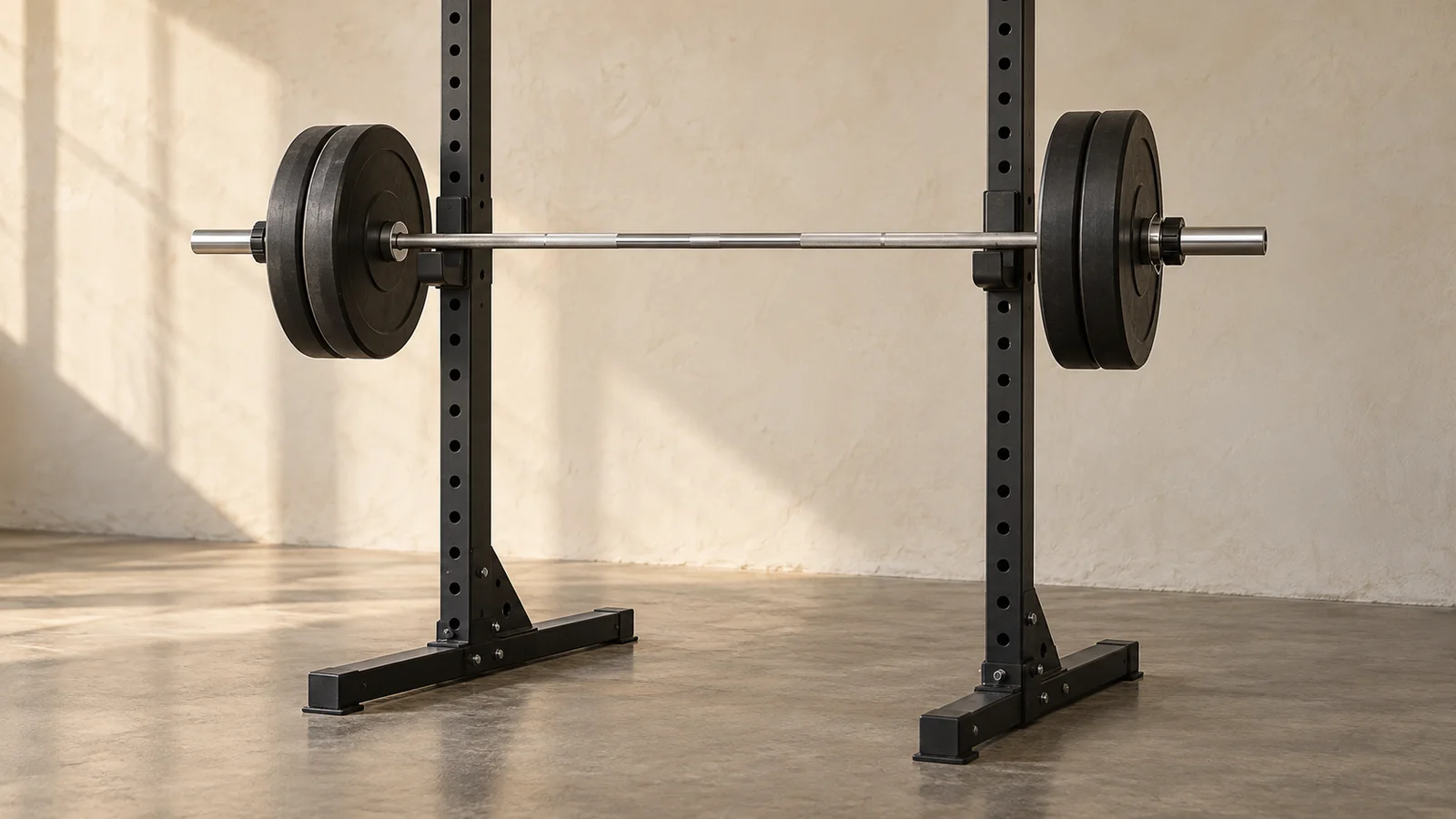 Barbell loaded with two black plates on each side resting on charcoal squat stands in soft daylight