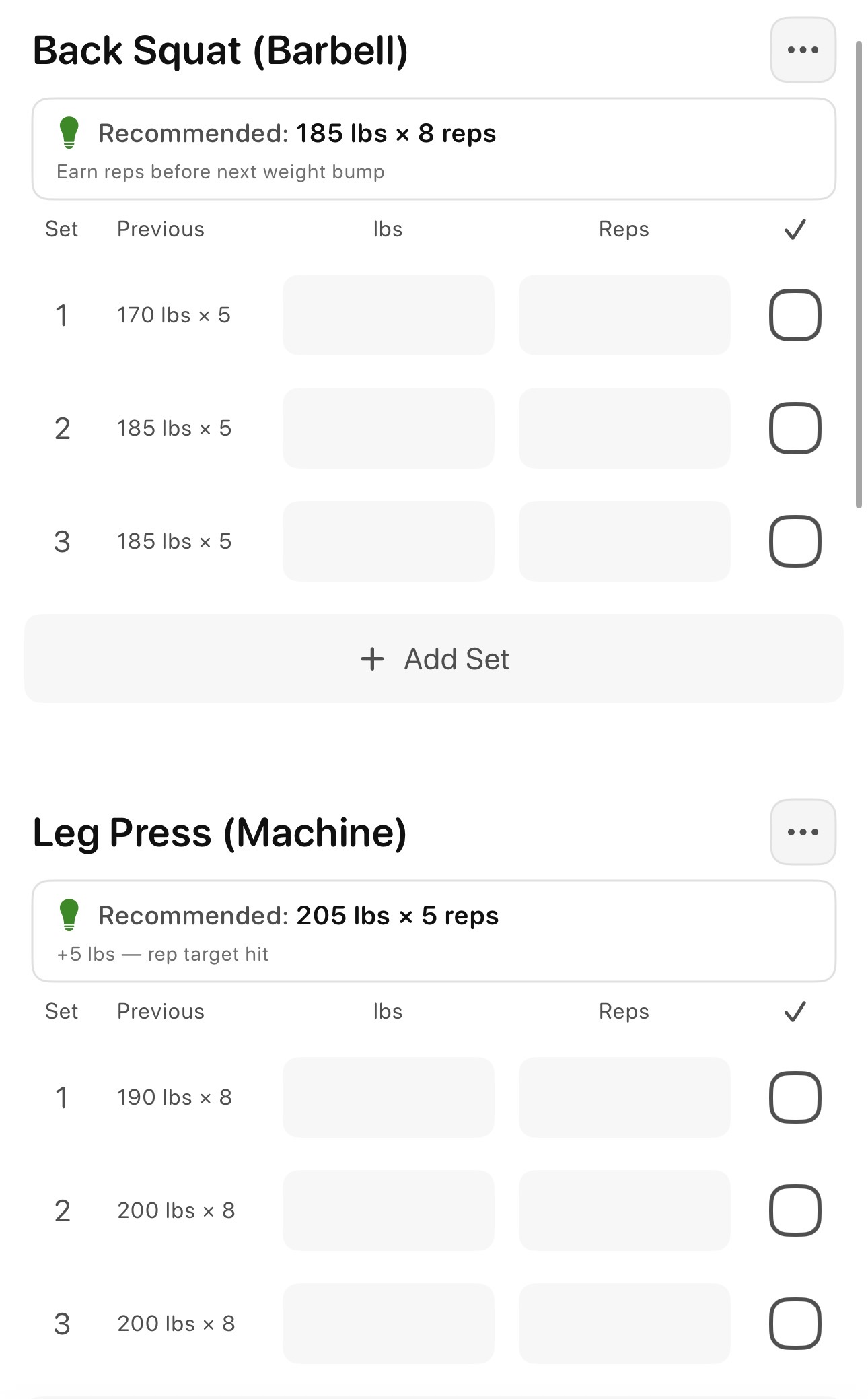 Bazu workout screen with separate rep-building and weight-increase recommendations