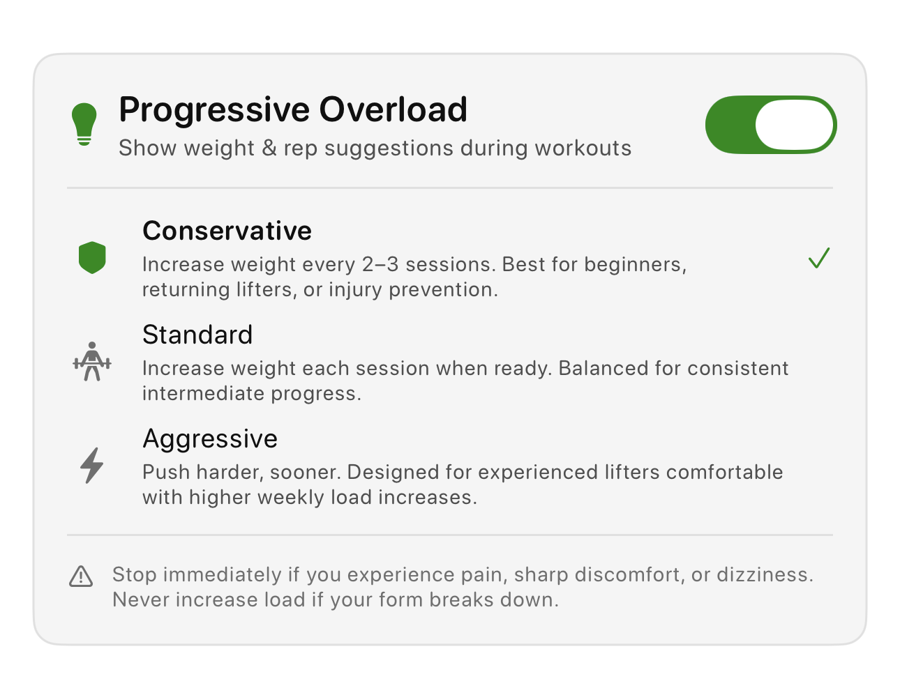 Bazu Progressive Overload settings with Conservative, Standard, and Aggressive pace options