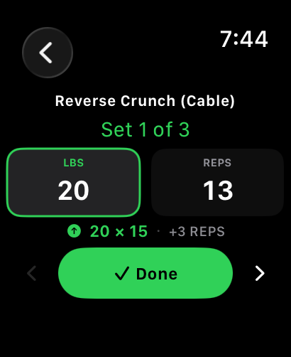 Bazu Apple Watch progressive overload screen showing a recommended rep target