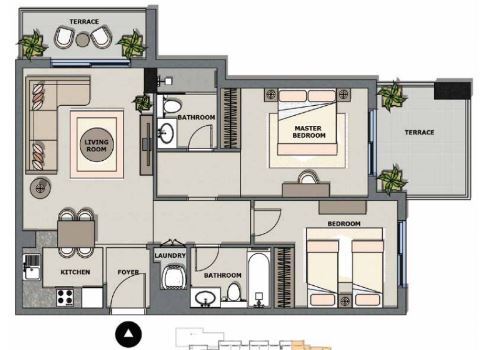 Floor plan of a 2BR, 990.26 ft2 in Majestique Residence, Dubai