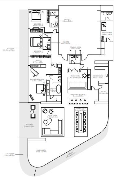 Planning of the apartment 3BR, 7373 ft2 in The Alef Residences, Dubai
