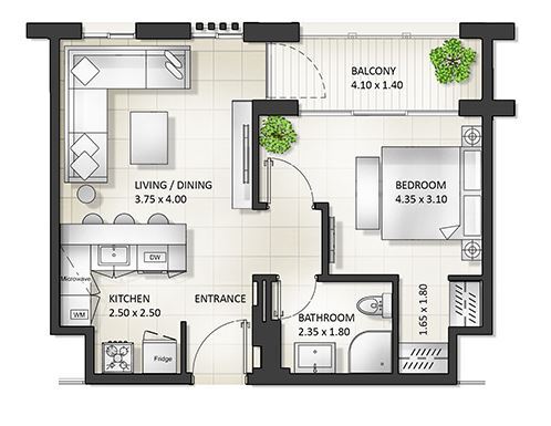 Planning of the apartment 1BR, 775.91 ft2 in Al Mamsha Apartments, Sharjah