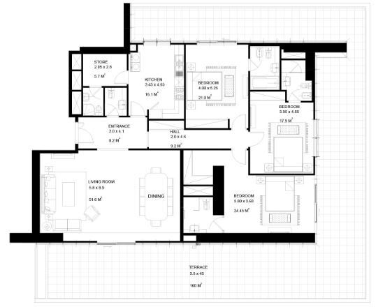 Planning of the apartment 3BR, 3749 ft2 in Park View Tower Abu Dhabi, Abu Dhabi