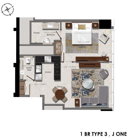 Planning of the apartment 1BR, 516.66 ft2 in J One Tower, Dubai