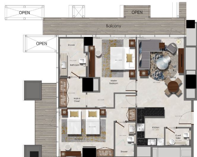 Planning of the apartment 2BR, 635 ft2 in J One Tower, Dubai