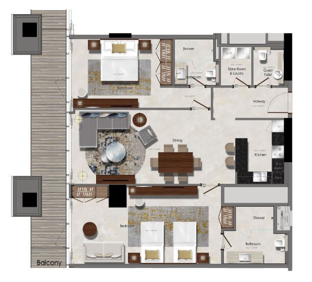 Planning of the apartment 2BR, 882.64 ft2 in J One Tower, Dubai