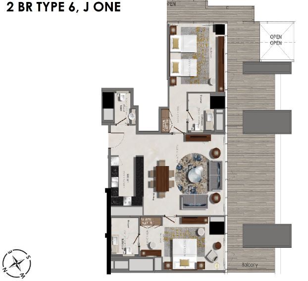 Planning of the apartment 2BR, 861.11 ft2 in J One Tower, Dubai