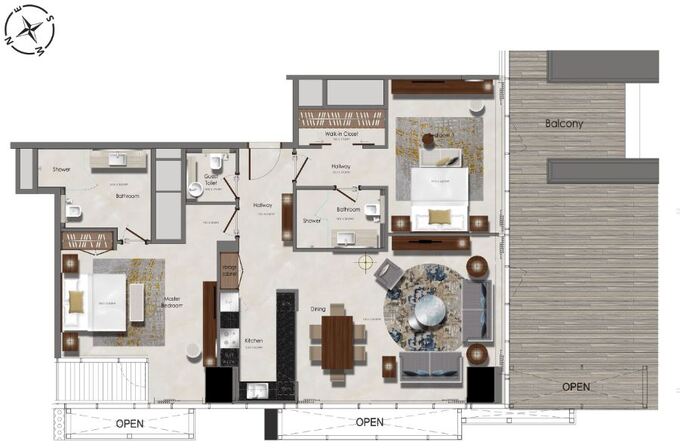 Planning of the apartment 2BR, 968.75 ft2 in J One Tower, Dubai
