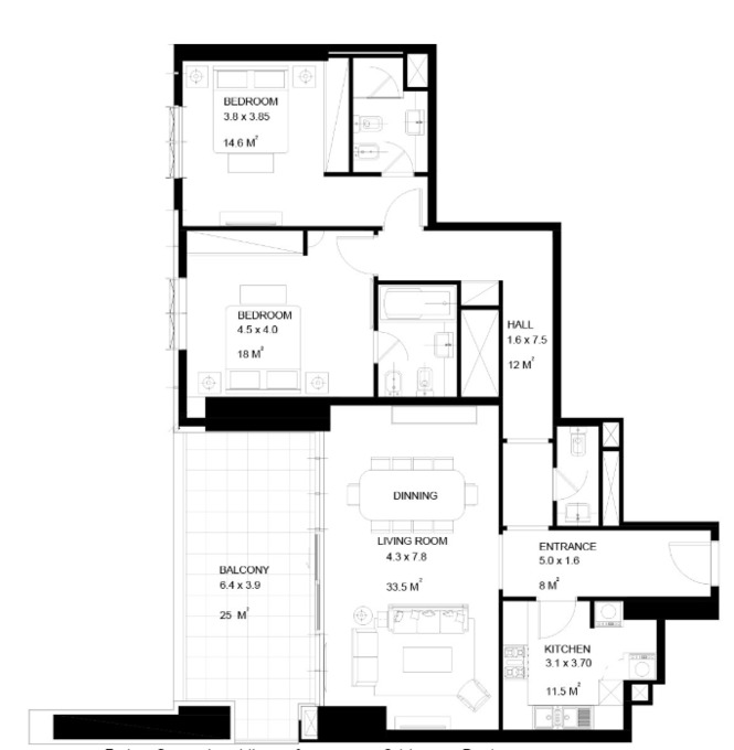 Planning of the apartment 2BR, 1561 ft2 in Park View Tower, Dubai