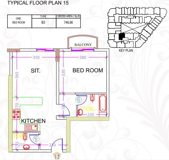 Planning of the apartment 1BR, 746.66 ft2 in Ajman Uptown, Ajman