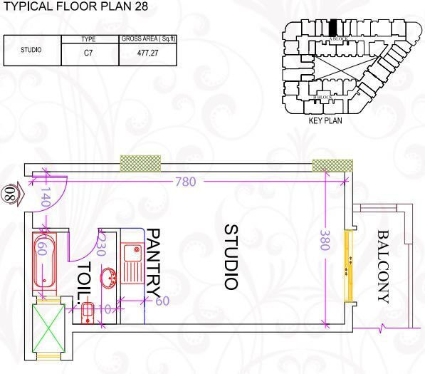 Planning of the apartment Studios, 477.27 ft2 in Ajman Uptown, Ajman