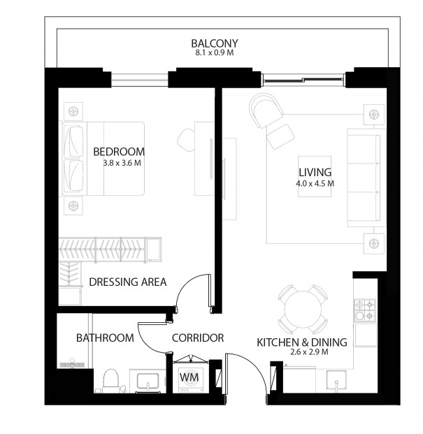 Planning of the apartment 1BR, 779.41 ft2 in Reflection, Abu Dhabi