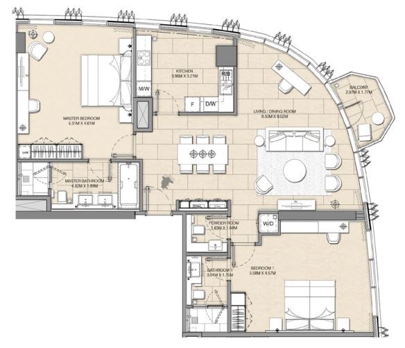 Planning of the apartment 2BR, 1432 ft2 in Address Harbour Point, Dubai