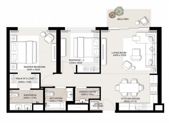 Planning of the apartment 2BR, 990 ft2 in Park Ridge Apartments, Dubai
