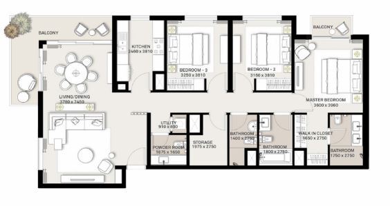 Planning of the apartment 3BR, 1586 ft2 in Park Ridge Apartments, Dubai