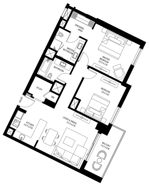 Planning of the apartment 2BR, 1074.35 ft2 in Water’s Edge, Abu Dhabi