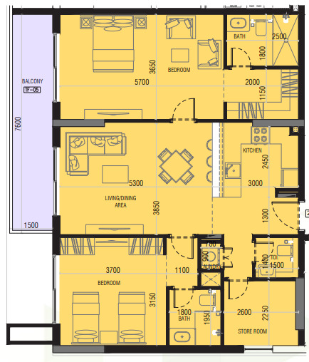 Planning of the apartment 2BR, 1223.1 ft2 in Joya Blanca, Dubai