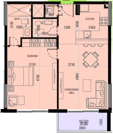 Planning of the apartment 1BR, 745.51 ft2 in Joya Blanca, Dubai