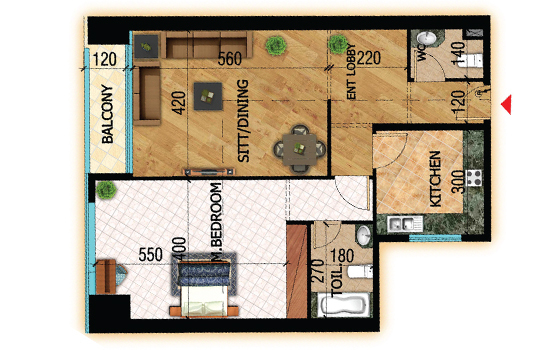 Planning of the apartment 1BR, 945 ft2 in Conqueror tower, Ajman