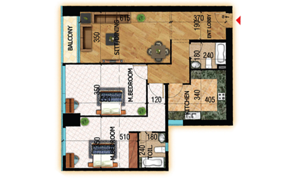 Planning of the apartment 2BR, 1457 ft2 in Conqueror tower, Ajman