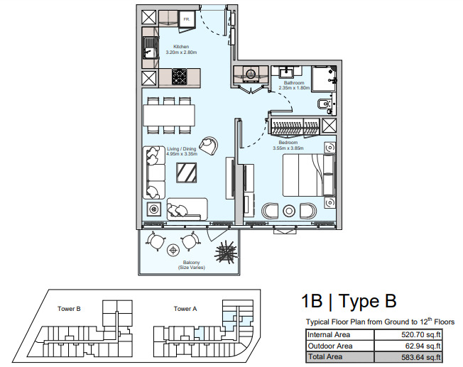 Planning of the apartment 1BR, 583.64 ft2 in Diva, Abu Dhabi
