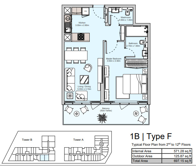 Planning of the apartment 1BR, 697.15 ft2 in Diva, Abu Dhabi