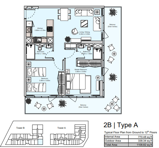 Planning of the apartment 2BR, 1108.82 ft2 in Diva, Abu Dhabi