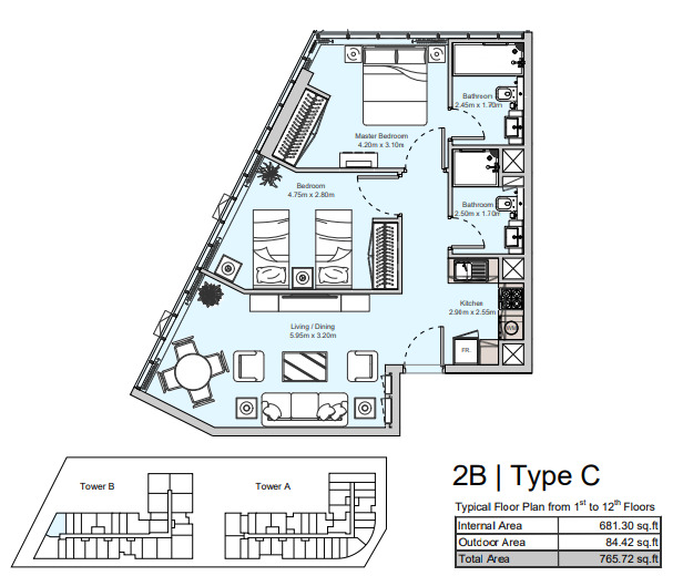 Planning of the apartment 2BR, 765.72 ft2 in Diva, Abu Dhabi