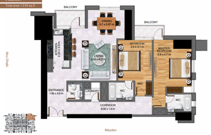 Planning of the apartment 2BR, 1518 ft2 in Al Habtoor City, Dubai
