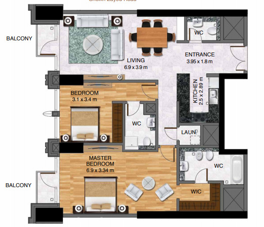 Planning of the apartment 2BR, 1355 ft2 in Al Habtoor City, Dubai