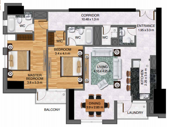 Planning of the apartment 2BR, 1502 ft2 in Al Habtoor City, Dubai