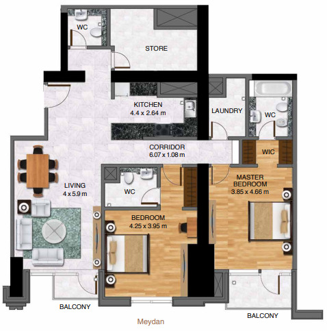 Planning of the apartment 2BR, 1511 ft2 in Al Habtoor City, Dubai