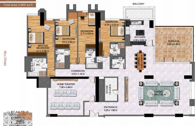 Planning of the apartment 4BR, 3962 ft2 in Al Habtoor City, Dubai