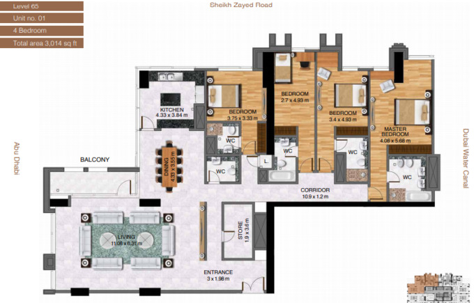 Planning of the apartment 4BR, 3014 ft2 in Al Habtoor City, Dubai
