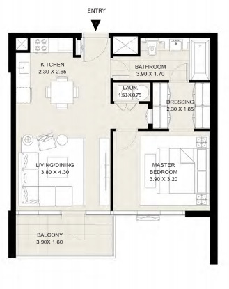 Floor plan of a 1BR, 679 ft2 in District One Residences, Dubai