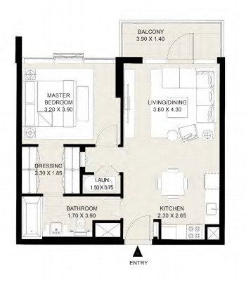 Floor plan of a 1BR, 668 ft2 in District One Residences, Dubai