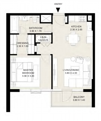 Floor plan of a 1BR, 673 ft2 in District One Residences, Dubai