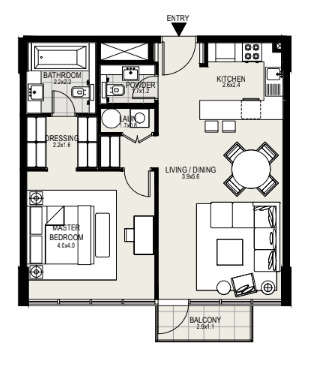 Floor plan of a 1BR, 746 ft2 in District One Residences, Dubai